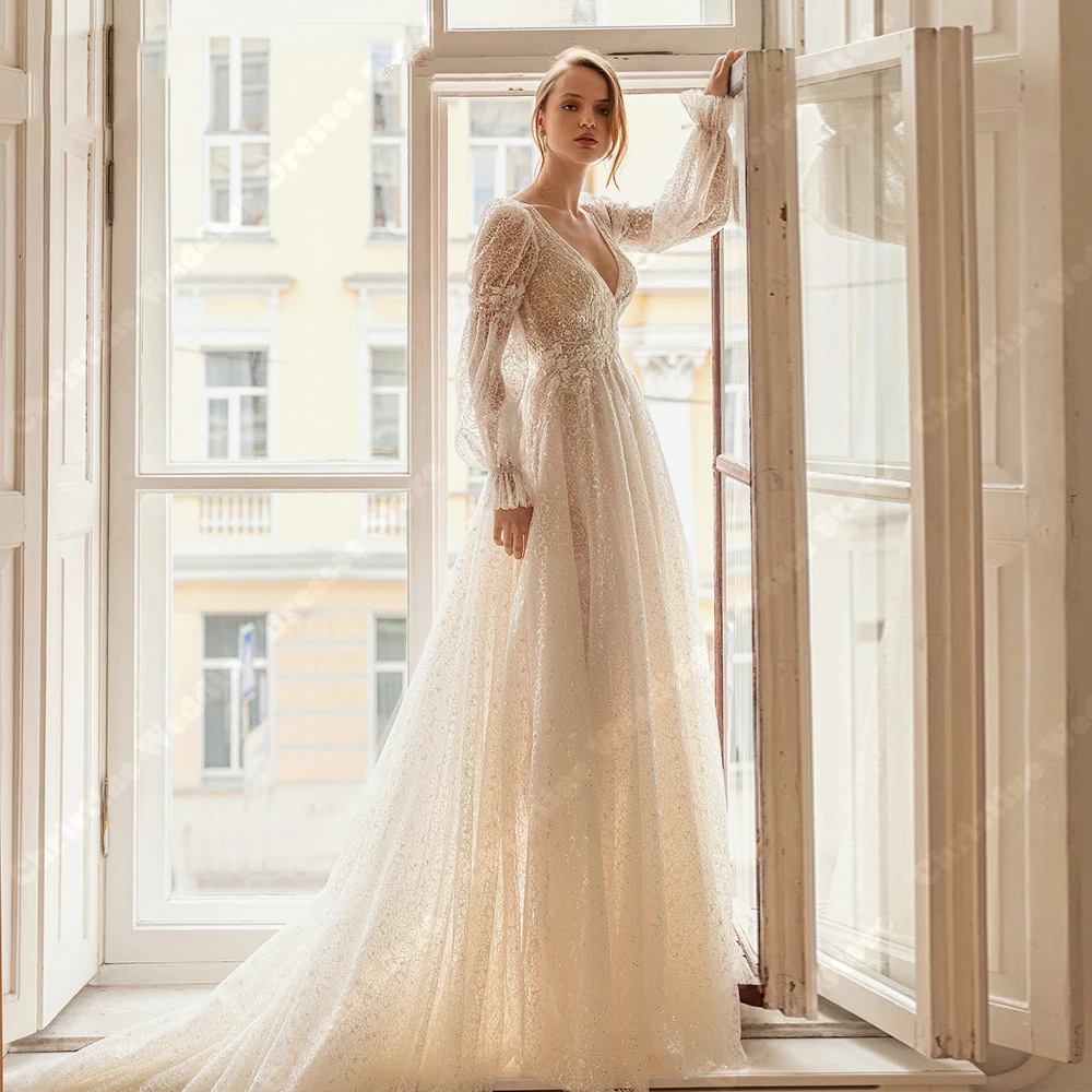 Robes de mariée A-Line en tulle d'été pour femmes, dentelle transparente, manches longues, patients, quelle que soit la célébrité, rassemblement sur la plage, éducatif, 2024