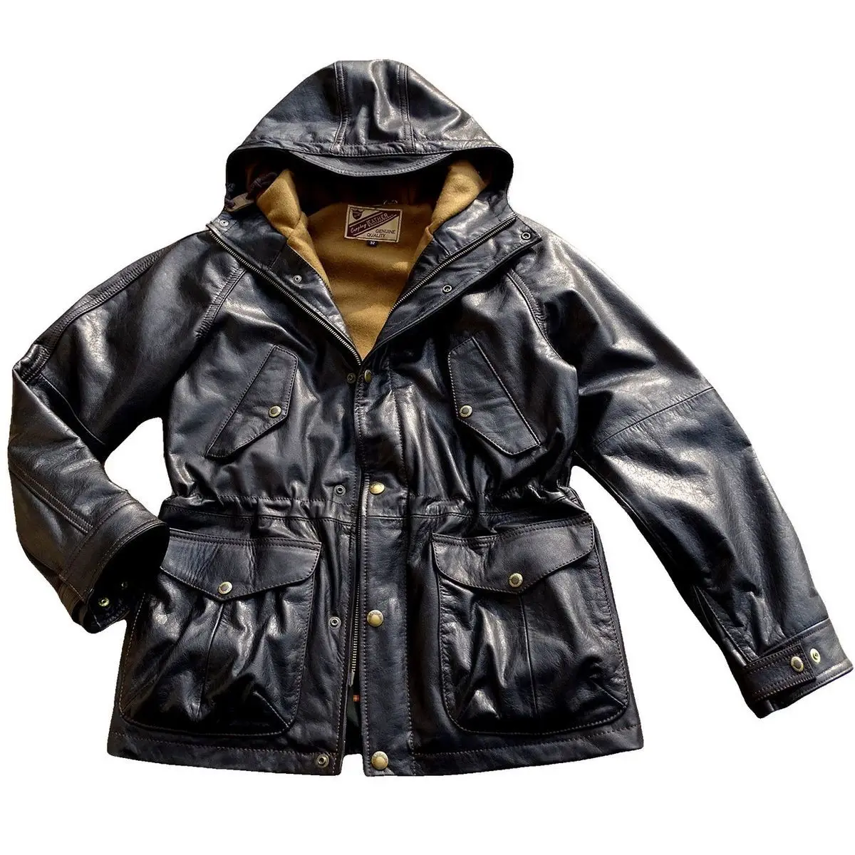 Black Hooded Winter Leather Jacket Men Retro Style Plus Size 4XL Genuine Natural Thick Cowhide Warm Turn-Down Collar Safari Coat