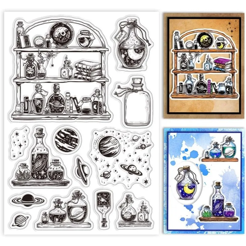 1Sheet Magic Potion Bottles Clear Stamps for Cards Making Universe Planet Silicone Clear Stamp Seals Transparent Stamps for DIY