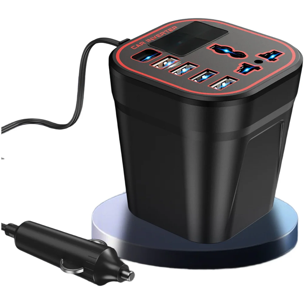 Car-Mounted Power Inverter 12V or 24V to 220V AC 150W with .0 USB Fast Charging Ports and Real-Time Digital Readout