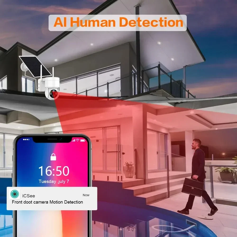Caméra de surveillance extérieure PTZ IP WiFi NVR à énergie solaire, étanche, batterie intégrée, détection humaine PIR, 8 canaux, 5MP, 8000mAh