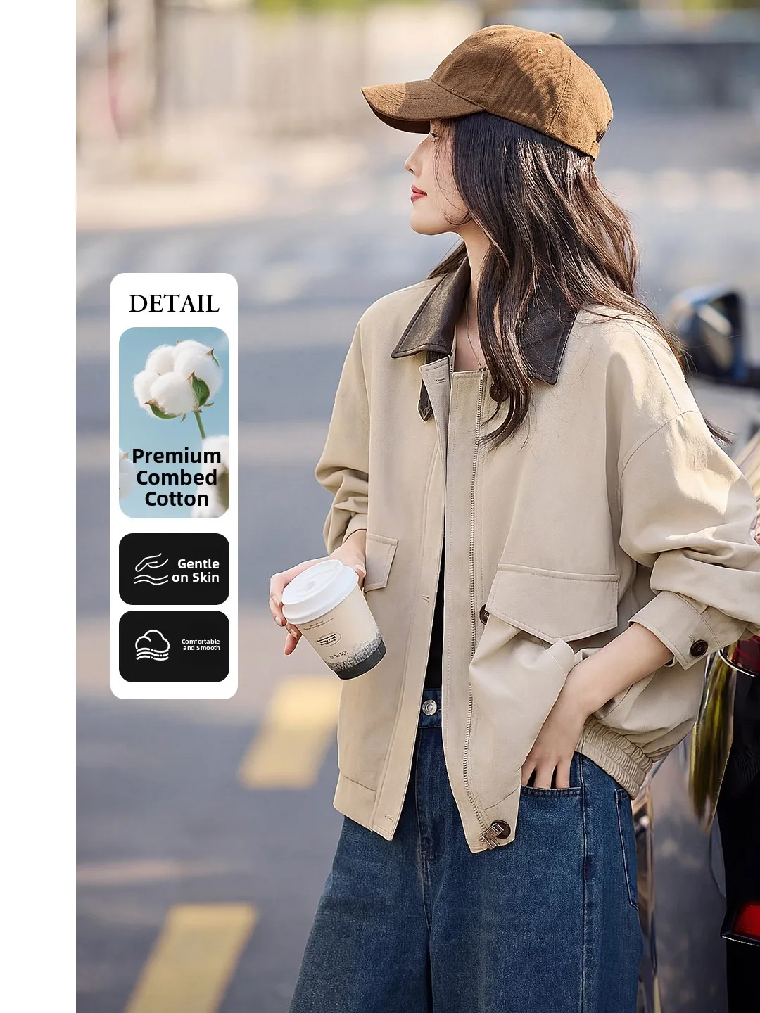 

Khaki Color Casual Sle Women's Jaet Spring Season Vintage Flip Collar Design Barn Sle Outerwear Breathable Cotton Blend