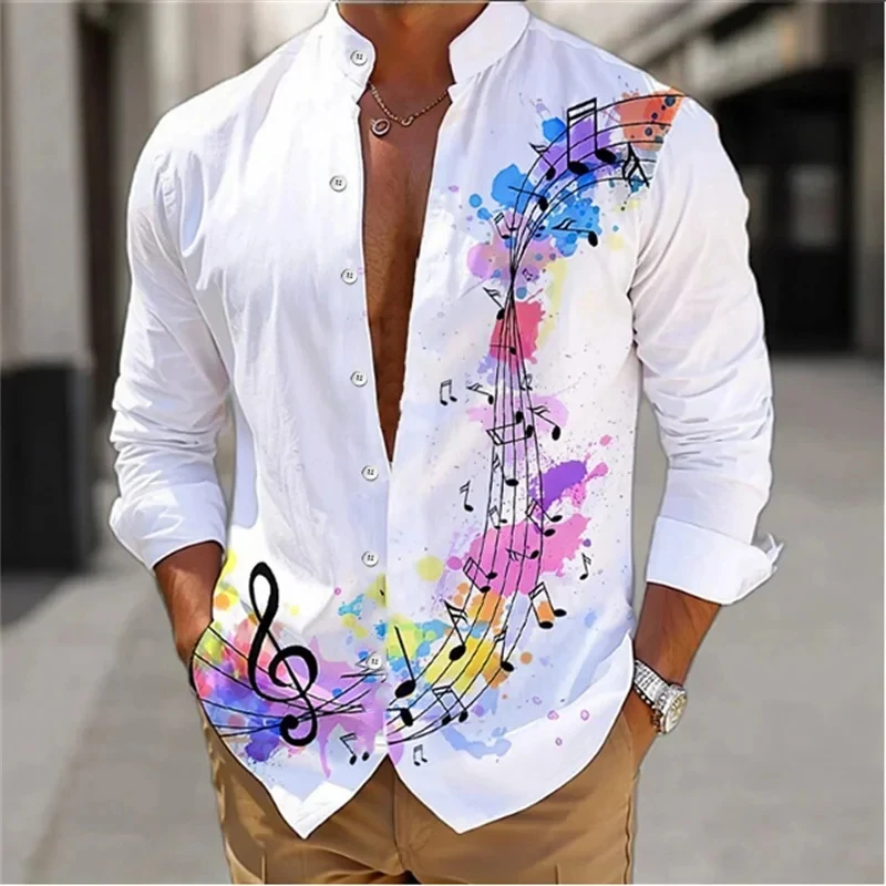 2024 Letnia męska koszula hawajska z długim rękawem i nadrukiem 3D Musical Note Cardigan Stand Collar Single Breasted Casual Shirt XS-6X