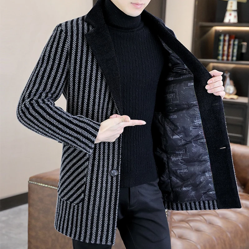 

Top 2024 Winter Men's Warm White Duck Down Woolen Coats Business Casual Striped Thicken Overcoat Outwear Windproof Puffer Jacket