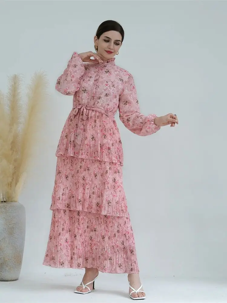 Ramadan Eid Dubai Chiffon Pink Abaya Damen Turkey Islam Abayas For Women Muslim Long Dress Kebaya Robe Femme Musulmane Kaftan