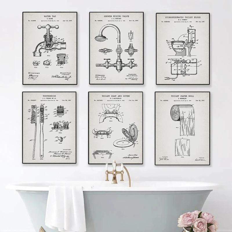 W stylu Vintage łazienka Patent plakaty z nadrukami bateria prysznicowa muszla klozetowa rolka papieru szczoteczka do zębów na płótnie obraz pokój kąpielowy dekoracje ścienne