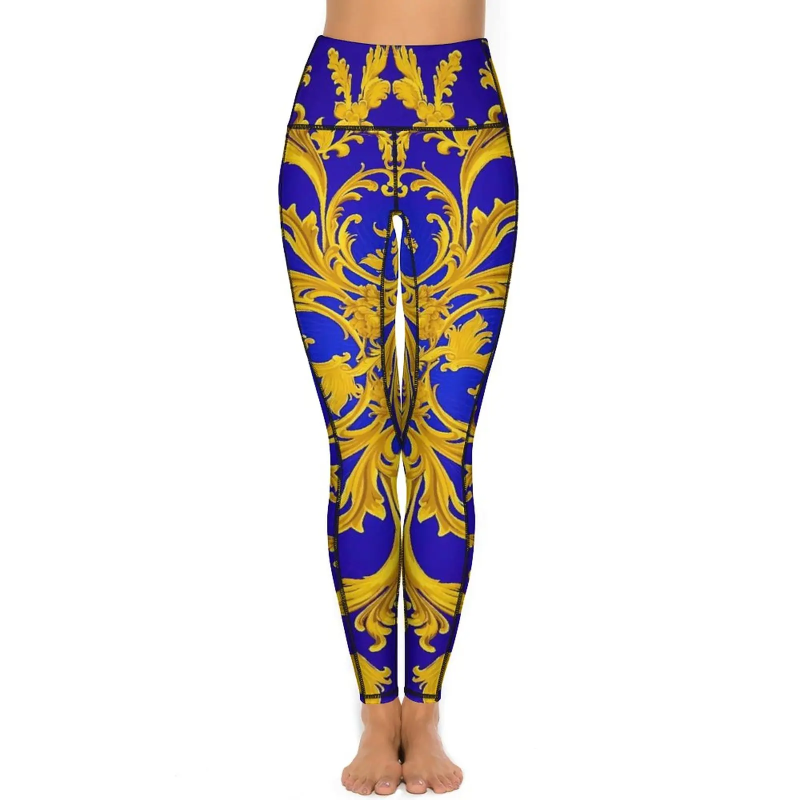 Baroque Print Leggings Sexy Blue and Gold High Waist Yoga Pants Aesthetic Quick-Dry Leggins Women Graphic Gym Sport Legging