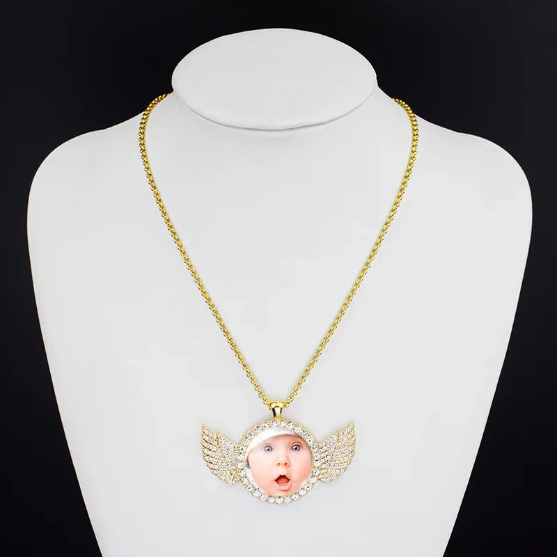 Custom Photo Memory Rhinestone Glass Necklace Personalized Family Picture Necklace Angel Wings Pendant Hip Hop Jewelry Gift