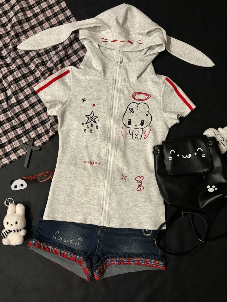 

Японские милые малышки, облегающий кардиган, субкультура, кавайные уши, толстовки с короткими рукавами, женские летние новые милые уличные серые топы