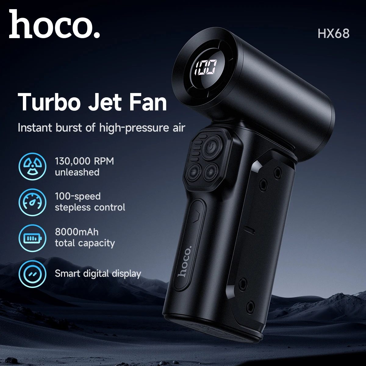 

HOCO HX68 Force Fan 130000RPM Powerful Turbo Air Blower 90DB Strong Airflow Turbo Fan for Cleaning with Digital Power Display