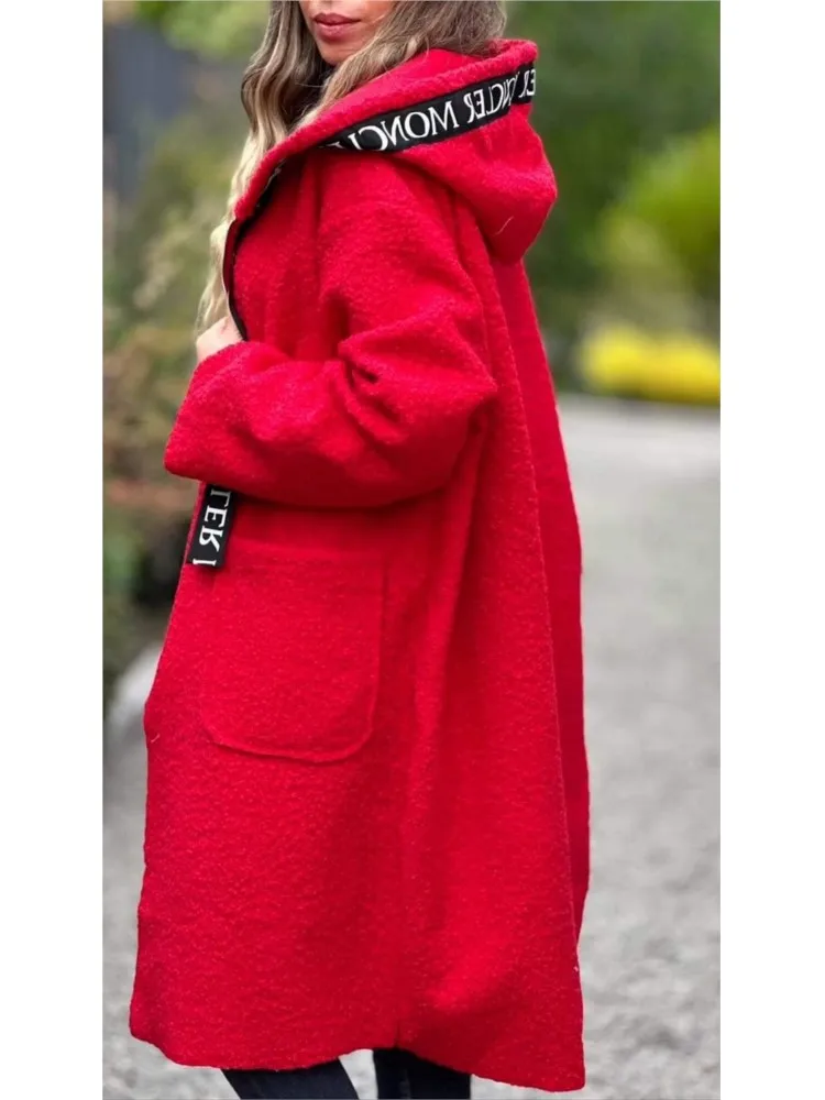 Women\'s Lambswool Hooded Coats Autumn Winter Pocket Zipper Longline Hoodie Daily Solid Casual Long Sleeve Cardigan Trench Coat