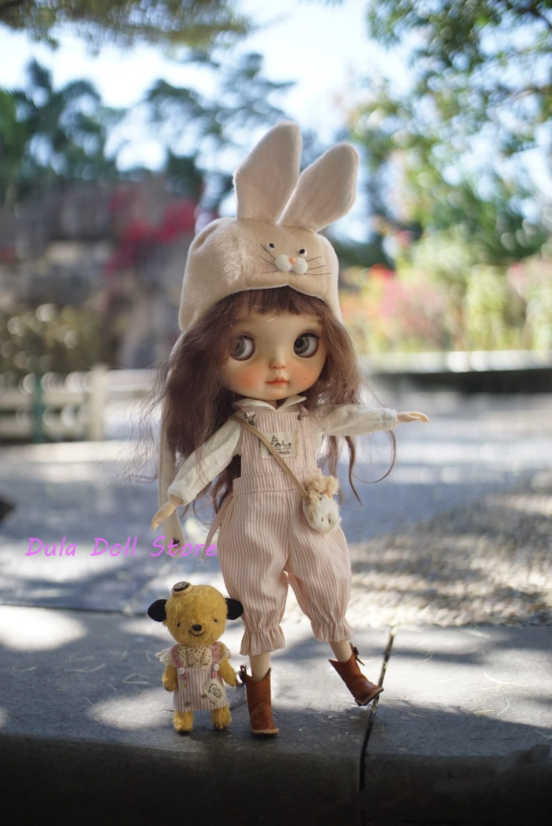 Dula Doll Clothes Dress RabbitPink striped bib pants Blythe ob24 ob22 Azone Licca ICY JerryB 1/6 Bjd Doll