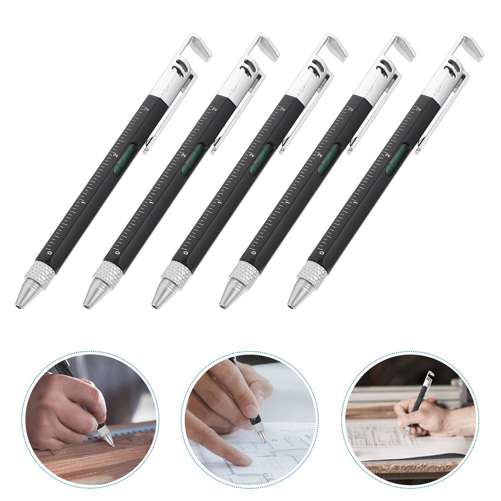 

5pcs Six-in-one Tool Pen Multifunction Pens Bubble Level Screwdriver Ruler Black Plastic Writing Office Home Electrical Projects