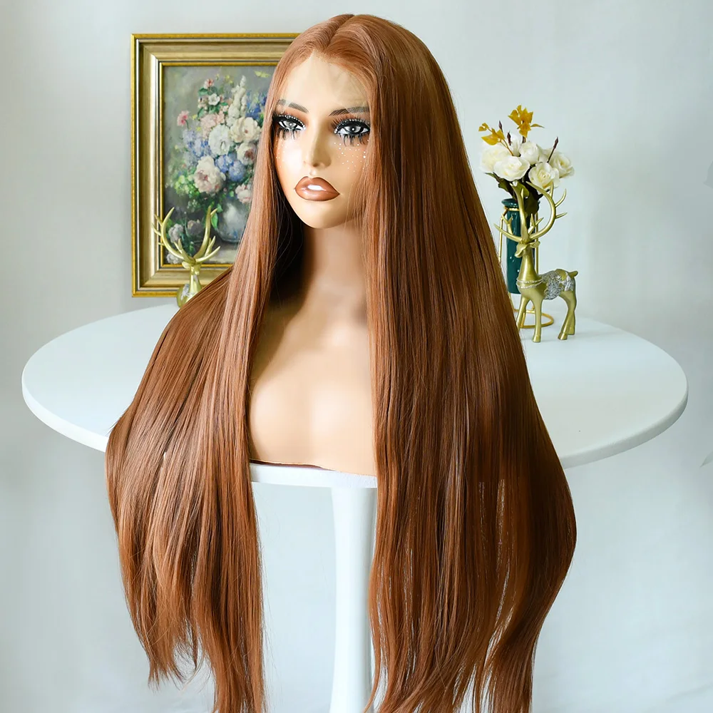 ライトブラウンウィッグ 13x4 レースフロント 生え際加工済み 30インチ ロング ストレート グルーレス チョコレートブラウン レースフロントウィッグ 合成繊維 女性用