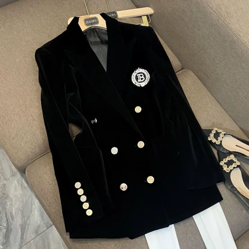 

Spring Autumn Vintage Women Velvet Blazers Coat OL Turn Down Collar Velour Suit Jacket Letters Diamonds Cardigan Mid Length Tops