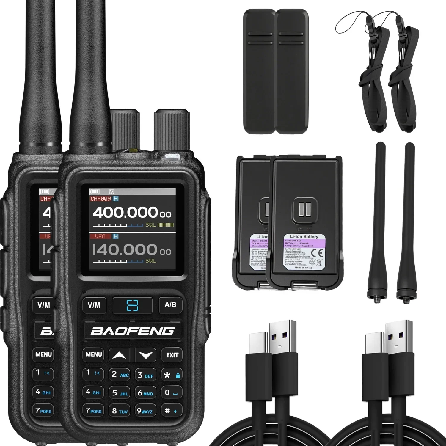 BAOFENG UV-5R راديو صغير ثنائي النطاق ثنائي الاتجاه (5W/999CH) |   برمجة تطبيق بلوتوث، تنبيه الطقس NOAA، شحن سريع من النوع C، عبوتان