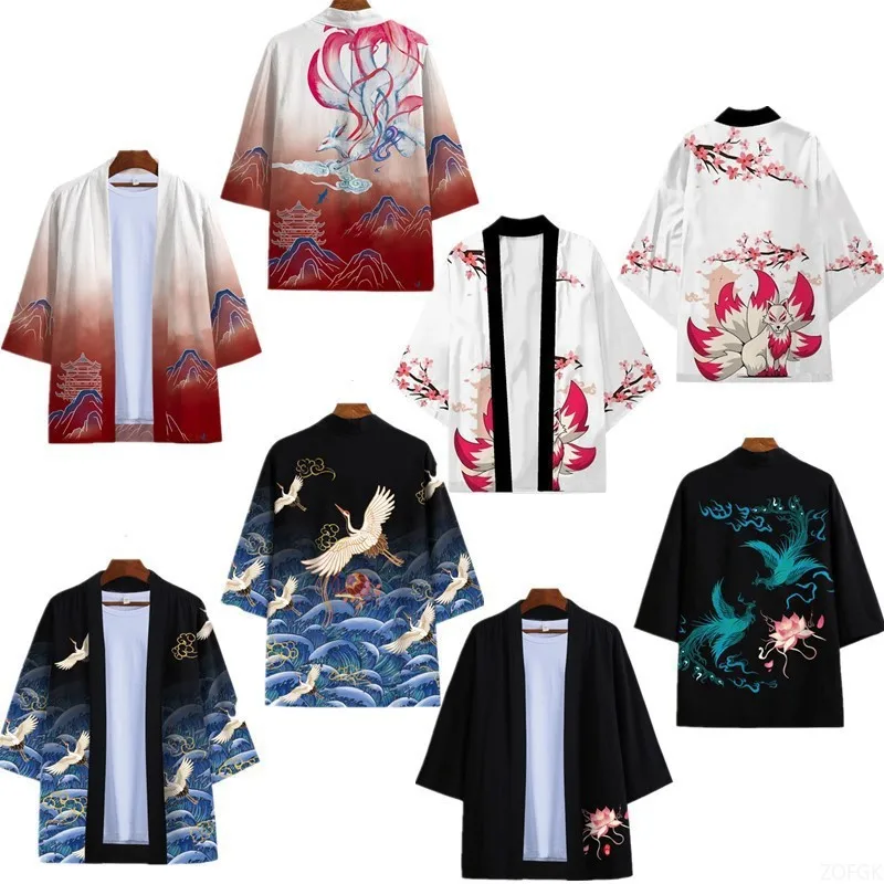 Chinesischen Stil Kran Fuchs Retro Ukiyo-e Harajuku Kimono Mantel Feder Gewebt Taoistischen Robe 3D Digital Gedruckt Strickjacke Hanfu