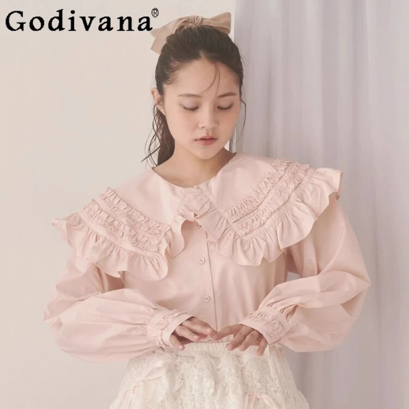 

2025 Spring and Autumn New Japanese Style Sweet Turn-Down Collar Long Sleeve Shirt Girls Women Loose Slim Elegant Casual Blouses