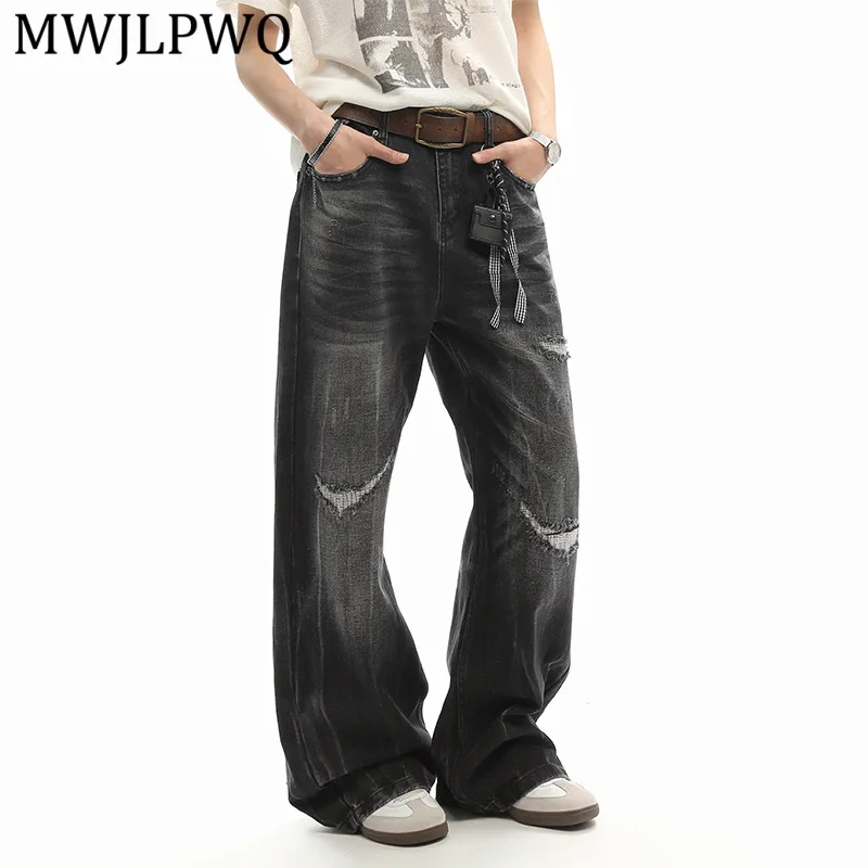 

MWJLPWQ American High Niche Design Ripped Patched Distressed Jeans For Men Straight Loose Fit Street Style Summer Trousers 15118