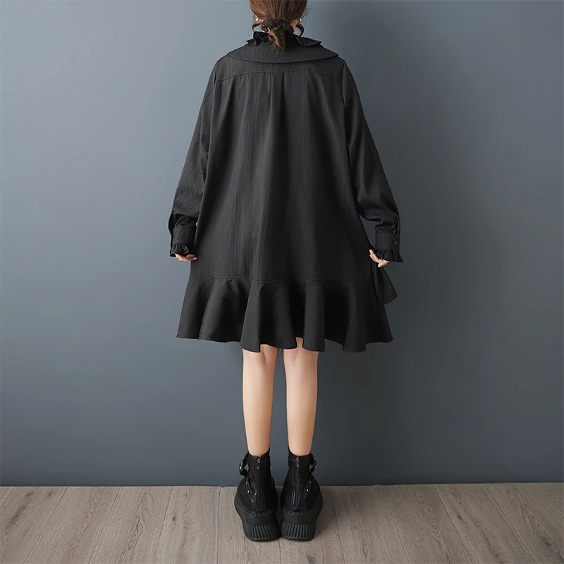 Loose Dark Design Double Layered Ruffle Sleeve Dress Women's plus Size Cotton Blend Button up Midi Dress Spring Summer 3