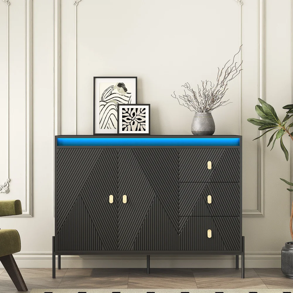 

Buffet and dining room, grooved sideboard, 2 door 3 drawer design with LED lights, Acceent black sideboard