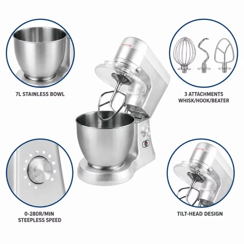 7L Commercial Planetary Food 450W 0-280r/Ball Hook Fan Mixing Attachments