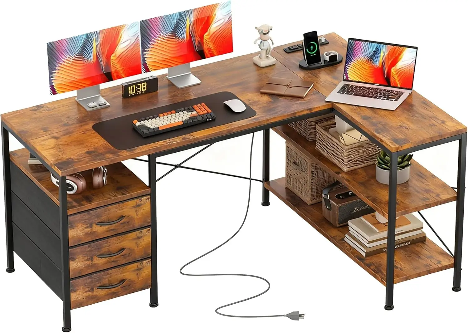 

L Shaped Desk 47 Inch Corner Computer Desk with Power Outlets and Storage Drawers for Home Office, Rustic Brown