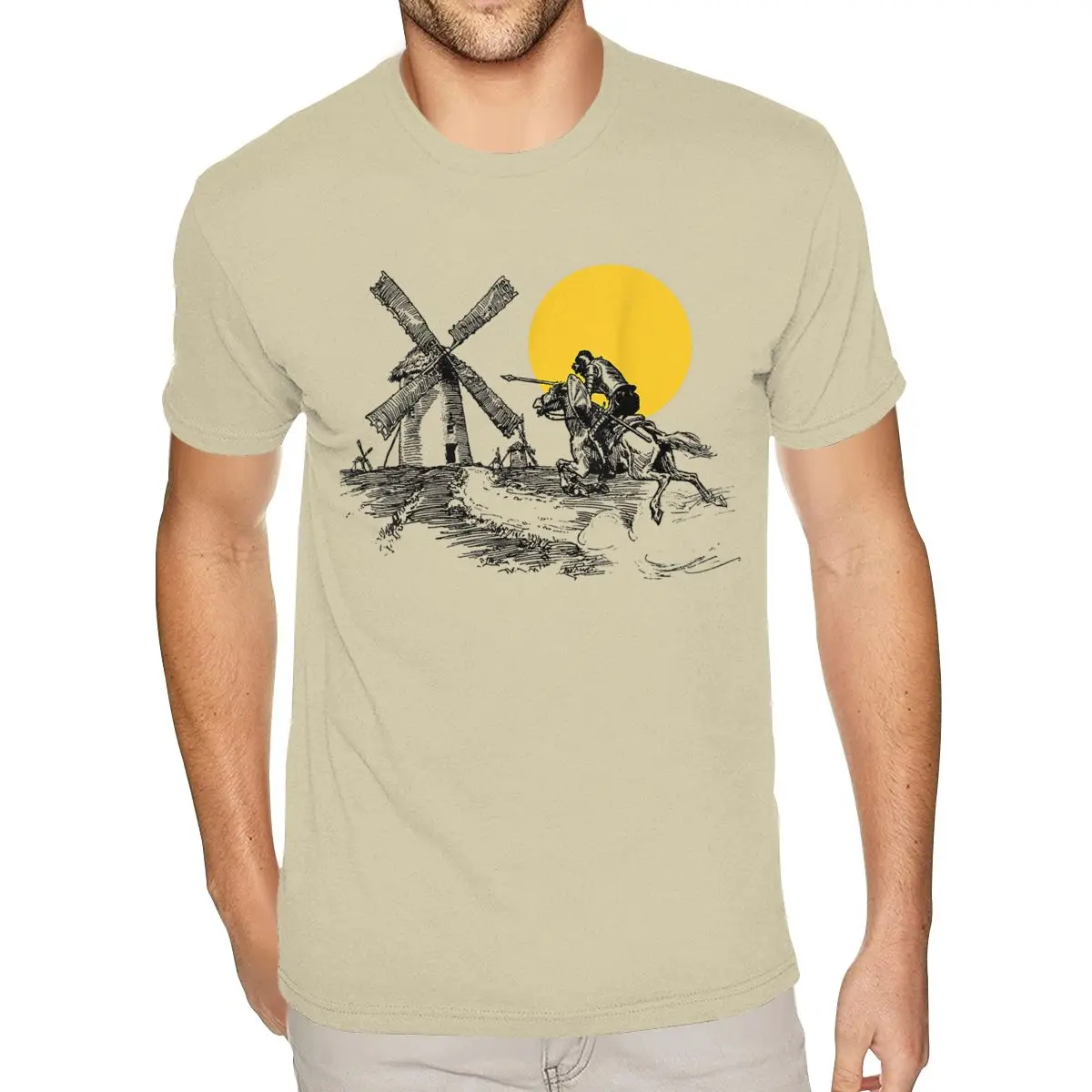 Camiseta de manga corta con cuello redondo de algodón Don Quijote Vs Windmill In Sunshine, camiseta Rock Guys S