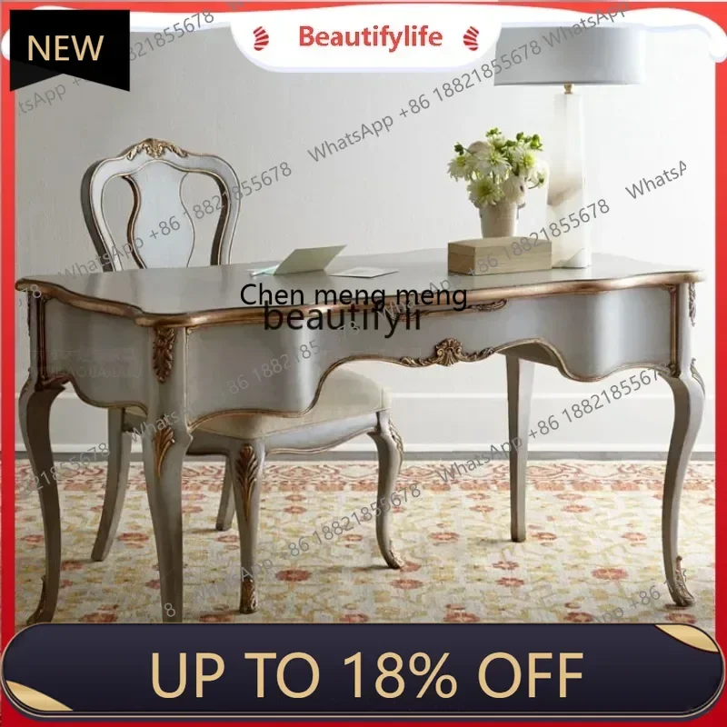 

P178 American Style Solid Wood Vintage Distressed Desk and Chair Set European Style Curved Surface Gold-Plated Carved Study Roo