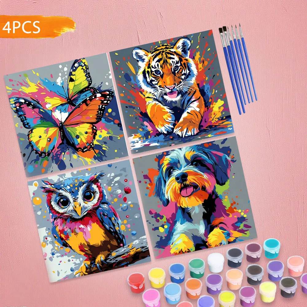 HUACAN 4 Stück Malen nach Zahlen auf Leinwand, buntes Tier, Schmetterling, Tiger, Eule, Hund, Zeichnung, Weihnachtsgeschenke