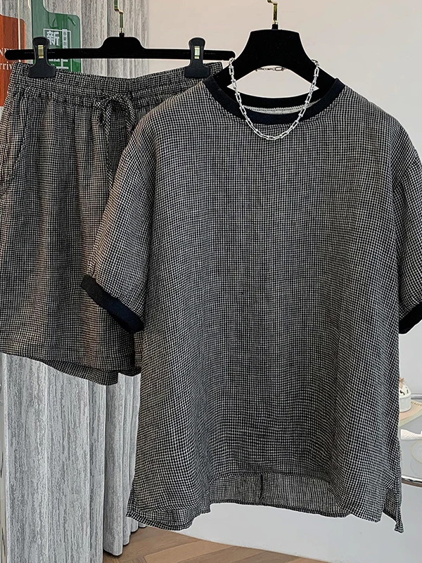 

Удобная повседневная свободная льняная футболка в клетку, комплект с широкими штанинами, модная женская одежда из двух предметов, хлопковая круглая футболка Ne o...