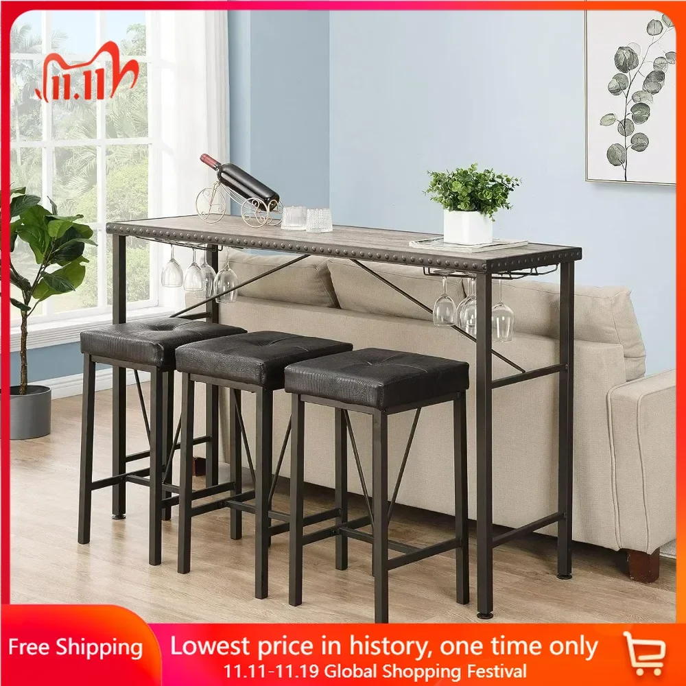 

4 Piece Long Bar Table And Chairs Set, Counter Height Table With 3 Cushion Stools, Behind Couch Bar Table,bar Tables