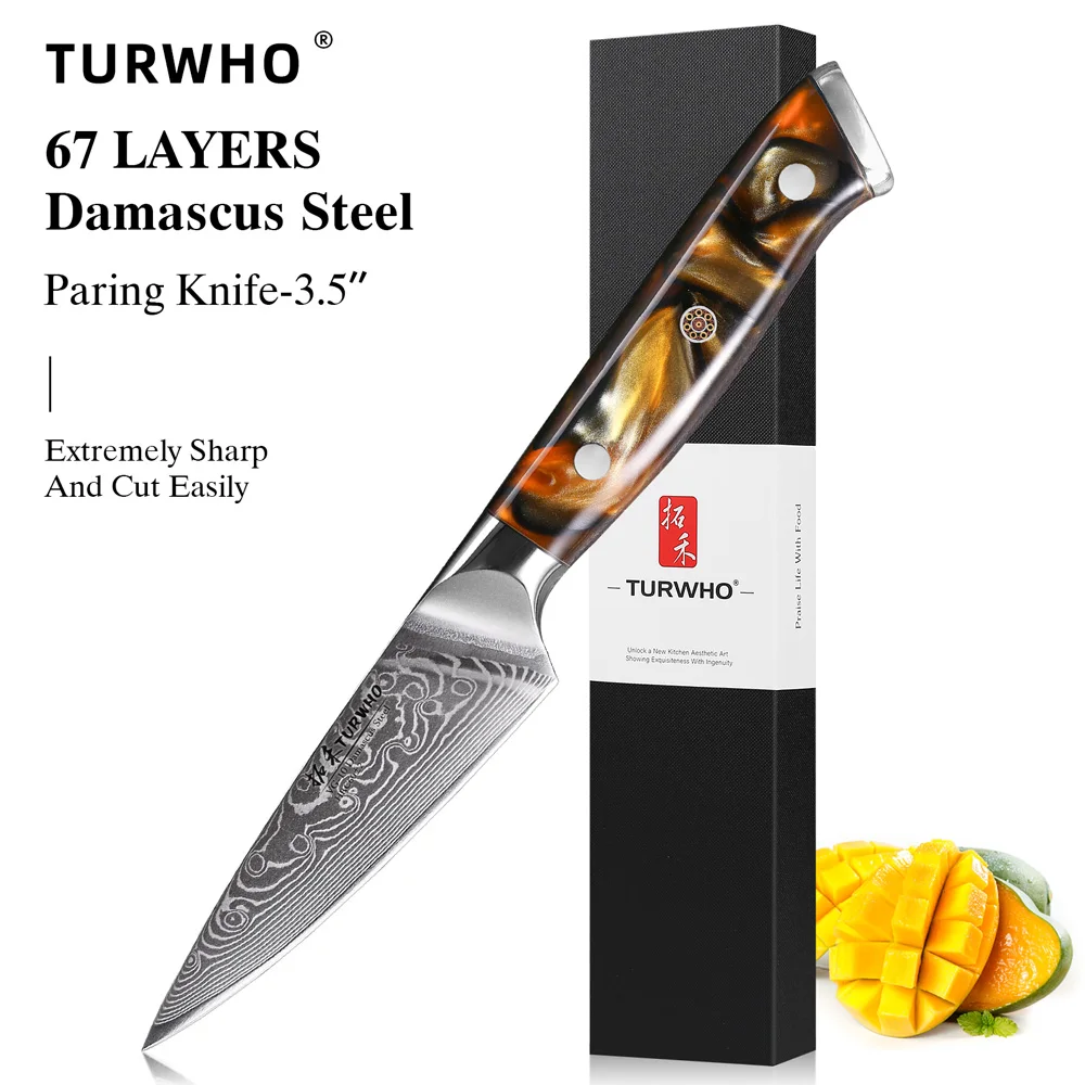 TURWHO 3,5" Schälmesser 67-lagiges Kochmesser aus Damaststahl Küchenschneiden Peeling Obstschneider Utility Gemüse Kochutensilien