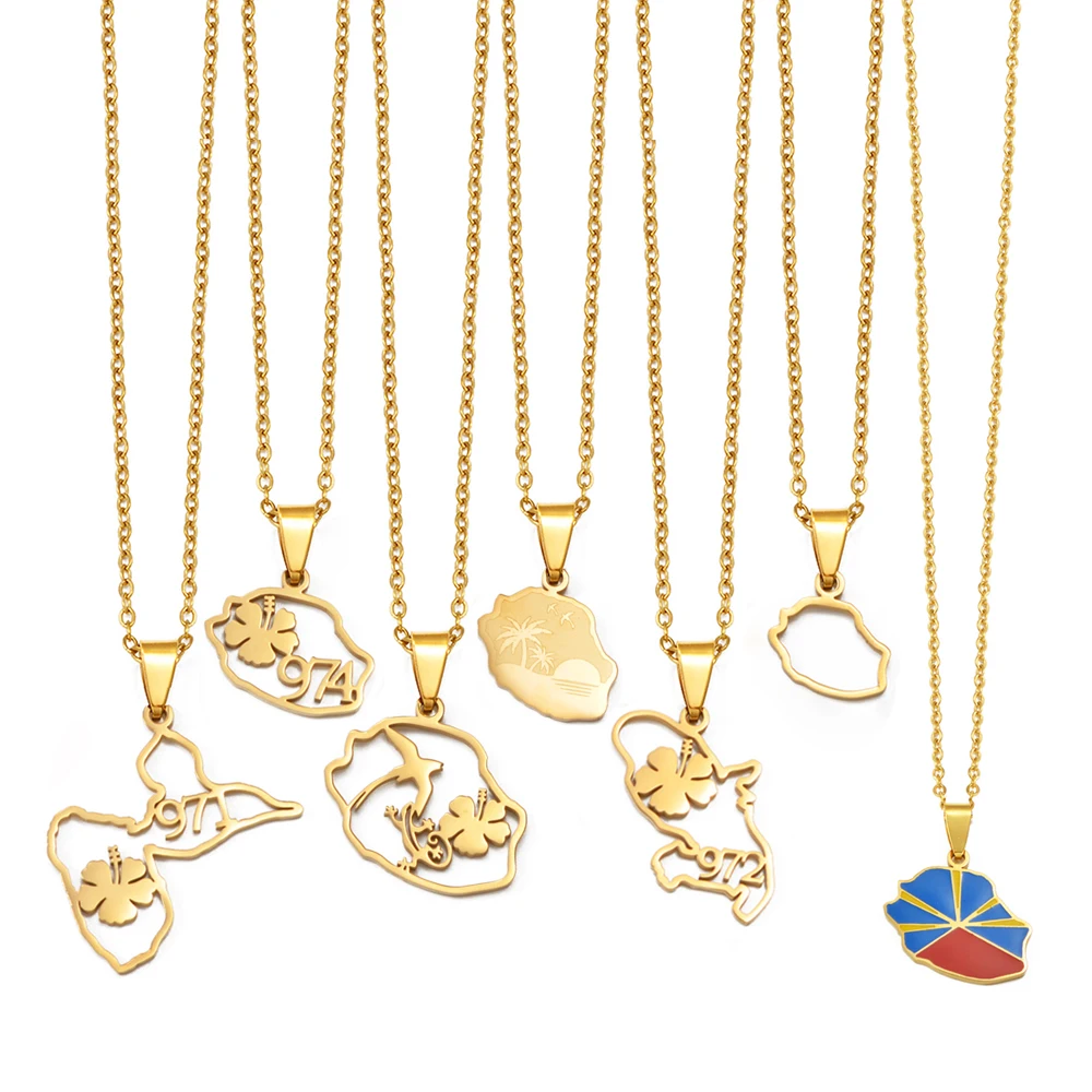 1 قطعة خريطة ريونيون مخطط 974 الكركديه وشجرة جوز الهند غوادلوب مارتينيك قلادة القلائد مجوهرات من صلب لا يصدأ # 593662 #1