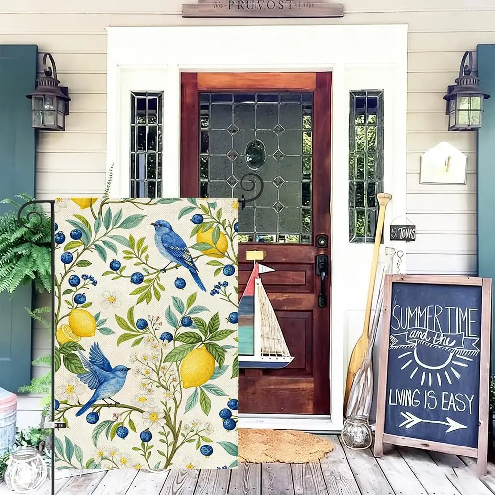 Baccessor Spring Summer Garden Flag 12.5 x 18 Inch, Lemon Blueberries Bird Double Sided Burlap Welcome Small Yard Flag Seaso AAS
