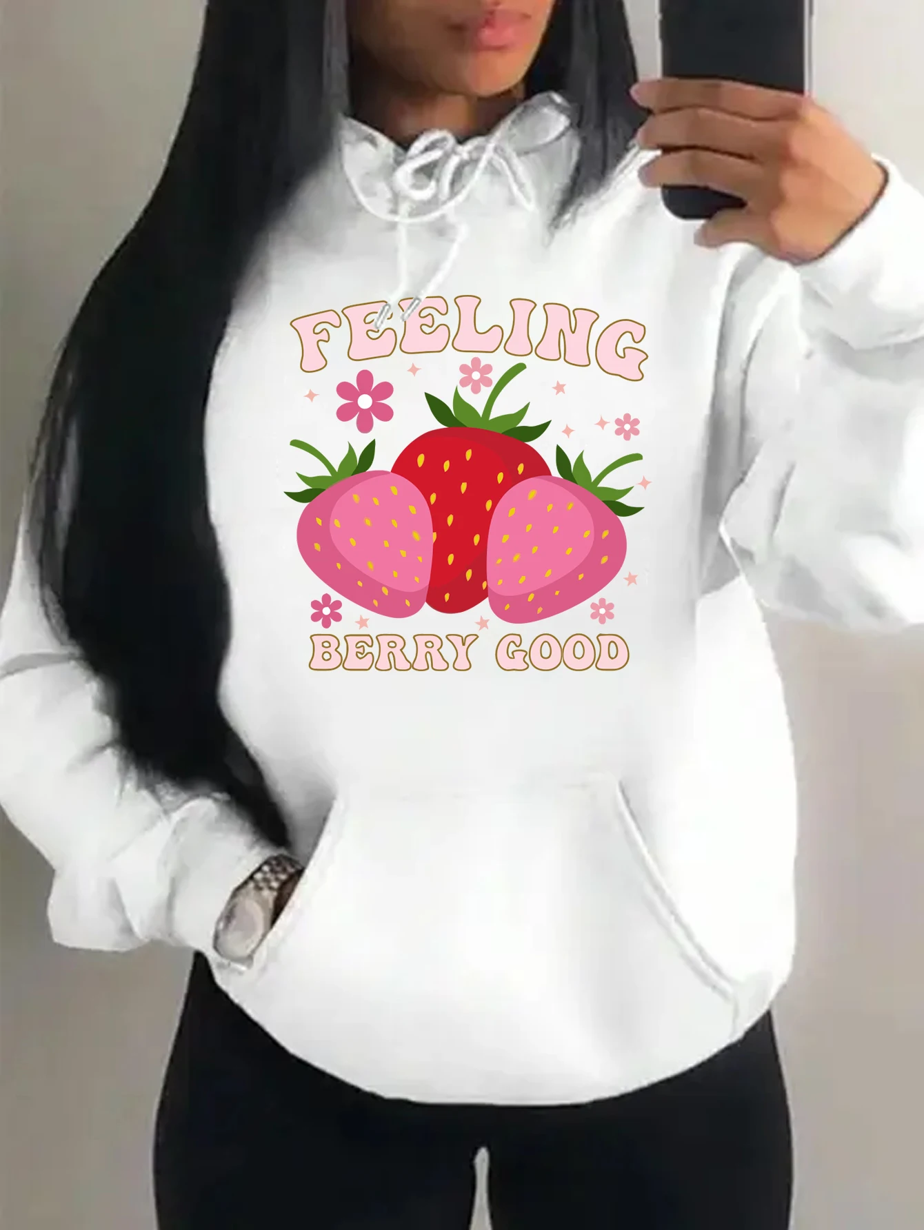 Feeling Berry Good Cartoon Strawberry Printed Women Hoodies Fashion Loose Hoody Casual Fleece Y2K Womenswear Harajuku Soft Top