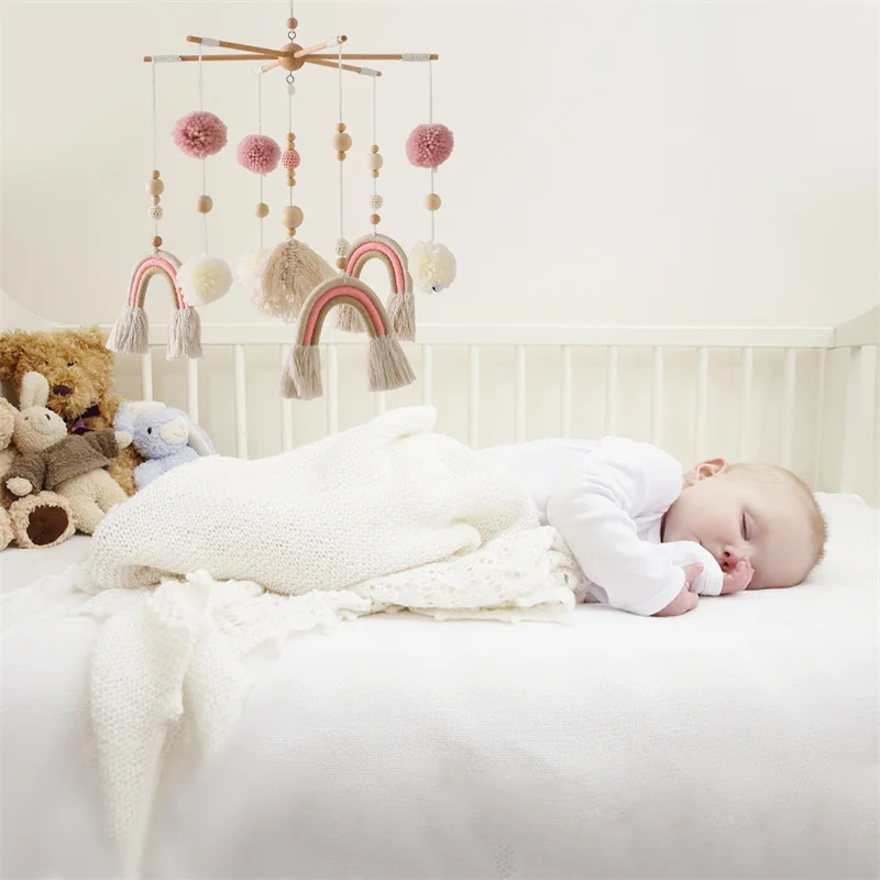 Sonajeros de madera bohemios para cama de arcoíris para bebé, juguetes colgantes, juguetes para recién nacidos, soporte para cuna móvil, juguetes Montessori, regalo de nacimiento para bebé