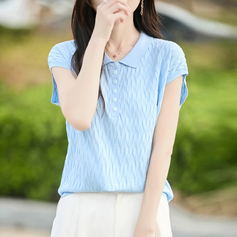 レディースポロカラー Tシャツ夏の新作リヨセルニット半袖カジュアル無地シャツレディースプルオーバールーズトップ