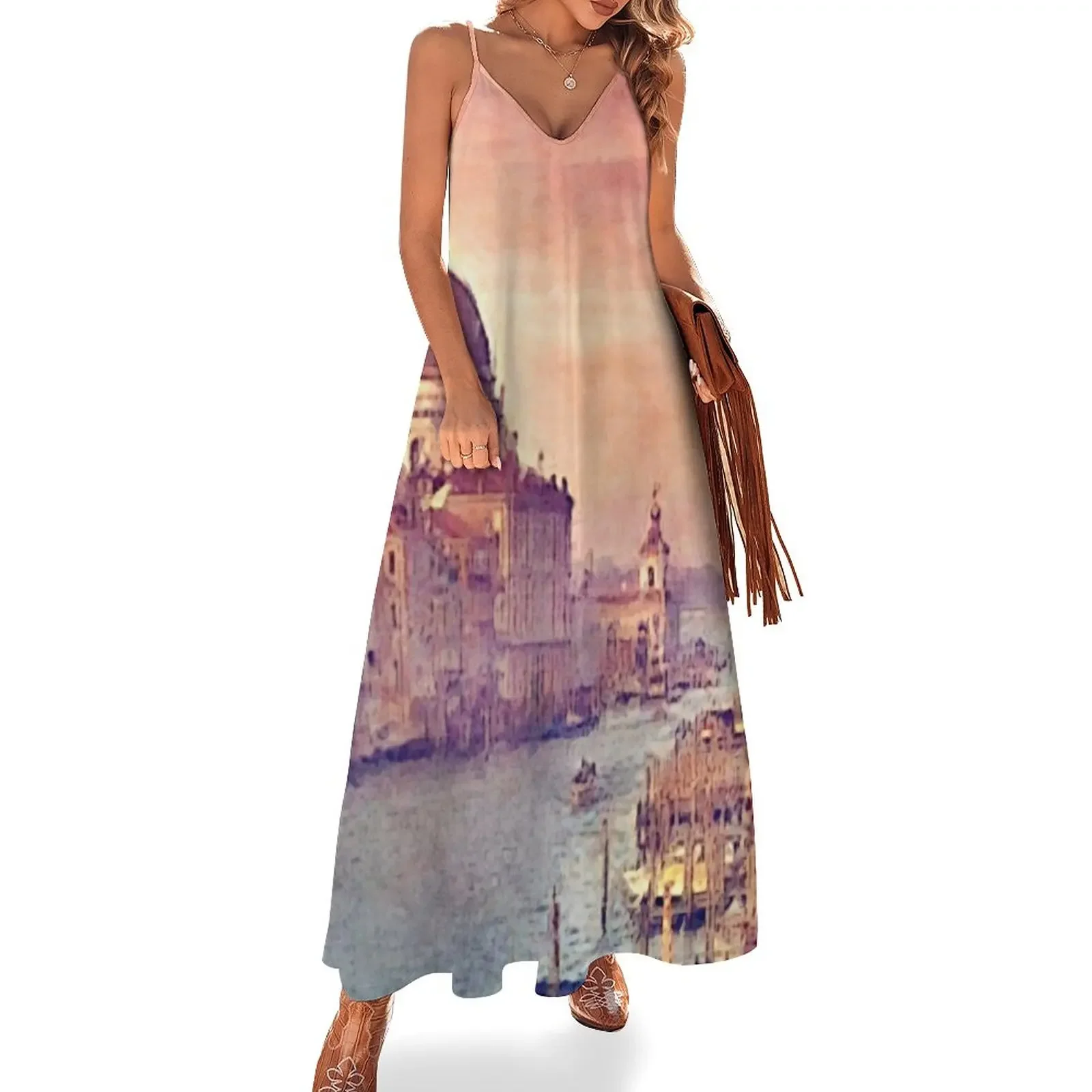 

Chic Vintage Italy Venice Canal Pastel Watercolor Sleeveless Dress Dress women Dance dresses