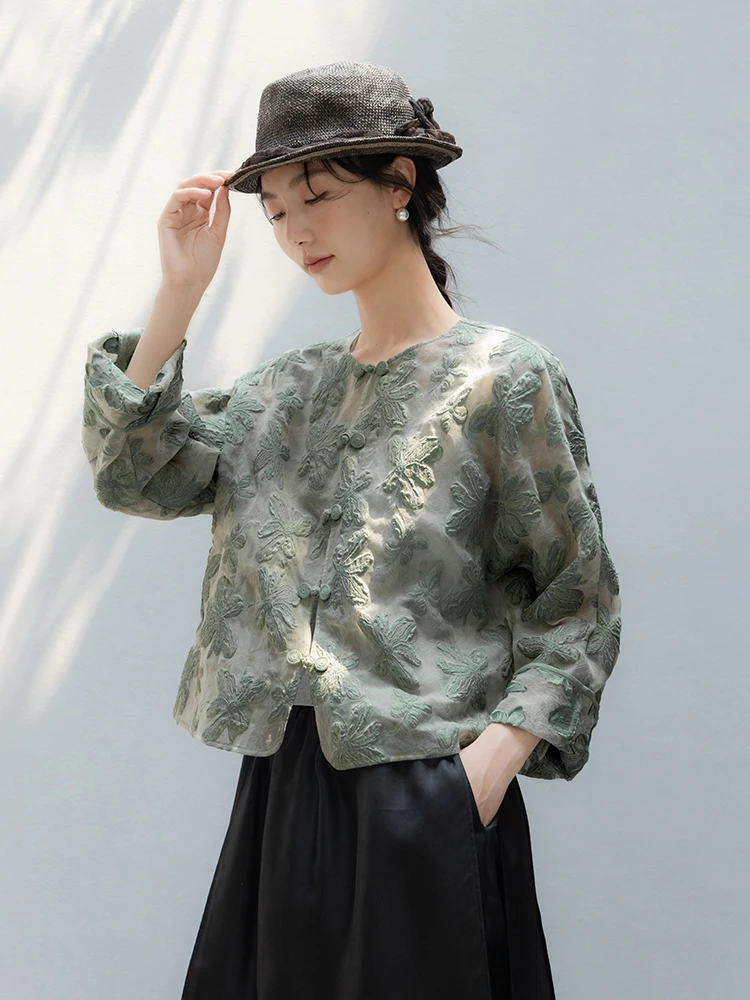 

Новая летняя полупрозрачная женская блузка из смесового полиэстера в китайском стиле с вышивкой и цветным узором, повседневная, деловая, размер S