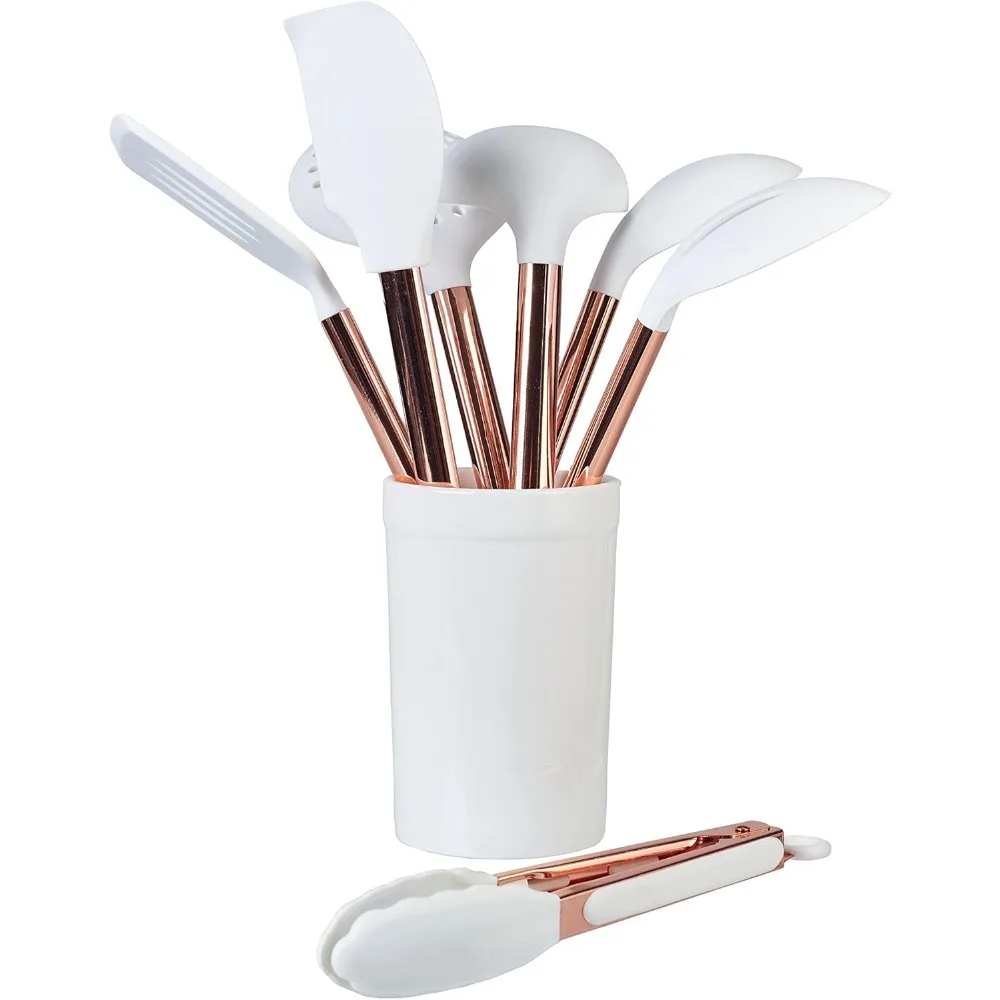 Ceramic Rose 8PC Utensil Set w/Crock, Copper & Nylon, White & Rose Color