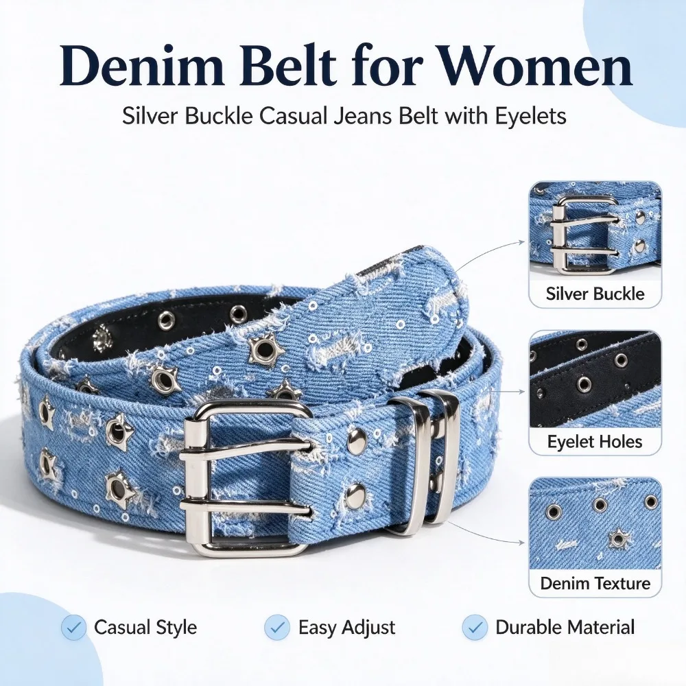 Star Pin Buckle Denim Belt Unisex Y2K Punk Hip Hop Waistband for Jeans Streetwear Black Blue