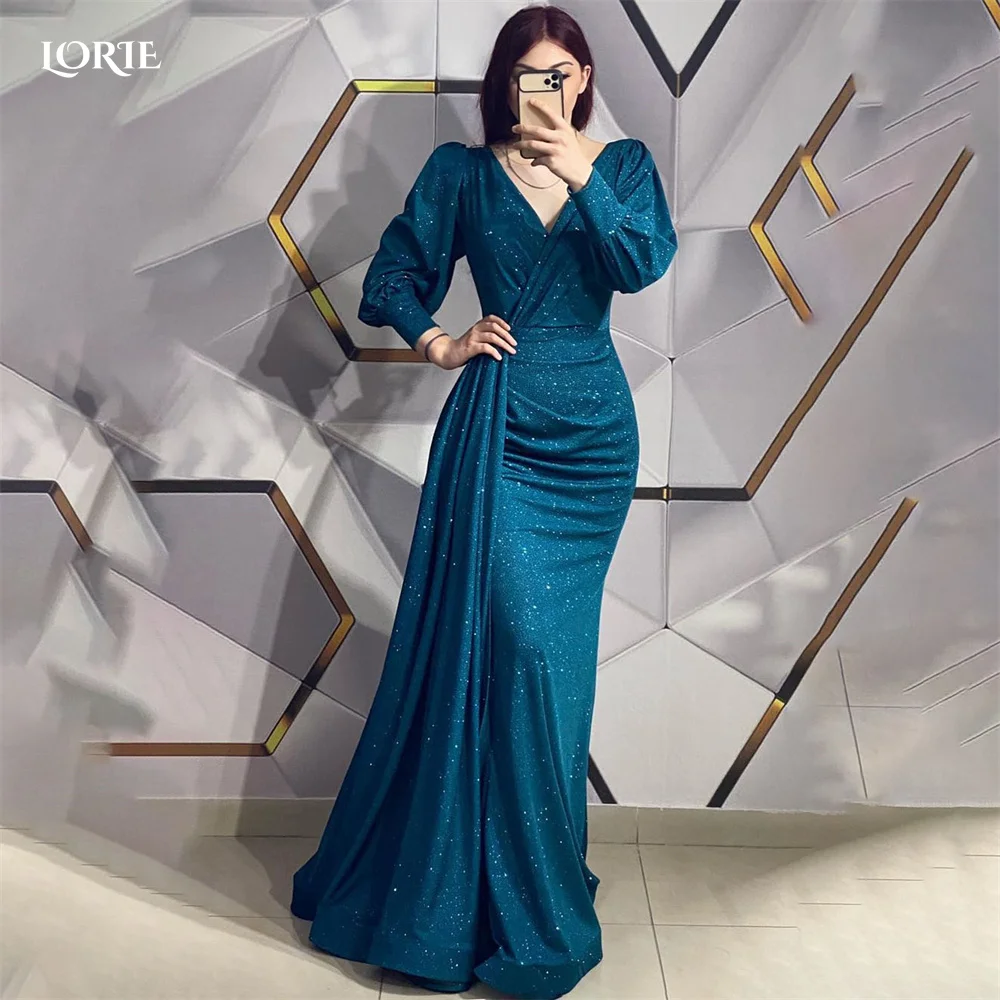 

LORIE Glitter Royal Blue Evening Dresses V-Neck Cap Sleeves Mermaid Celebrity Gowns Sparkly Saudi Arabia Bodycon Party Dress