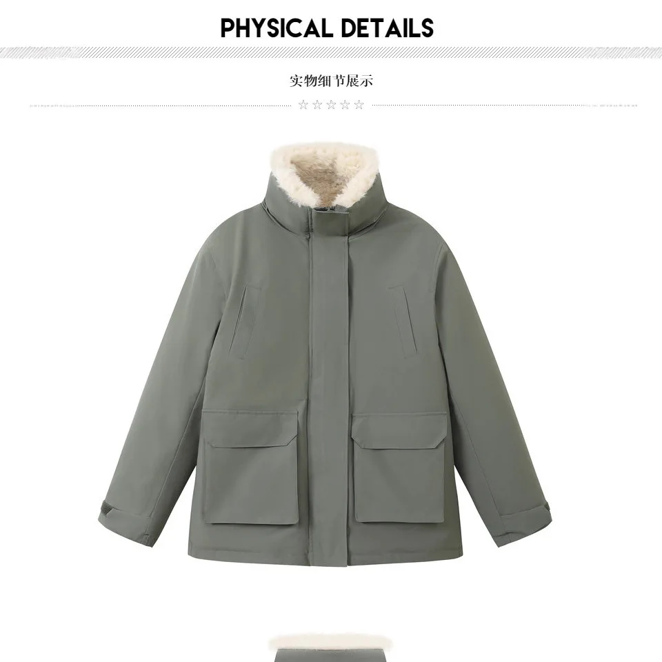 PinkyIsBlack Short Army Green Lamb Wool Jacket Women's Parkas Cotton Padded Jacket Coat Winter Female Clothes Tooling Outwear