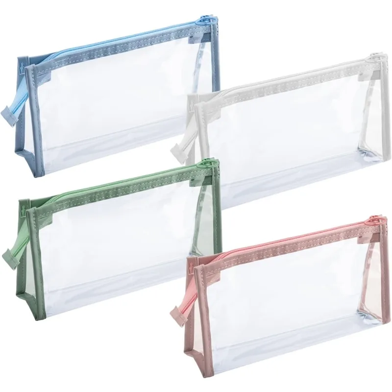 4Pcs Travel Cosmetic Makeup Bags, Clear Pencil Cases, Transparent Pencil Pouch with Zipper, Multi-function Stationery Organizer for Adults Home, Office, Vacation (Blue, Green, White, Pink)