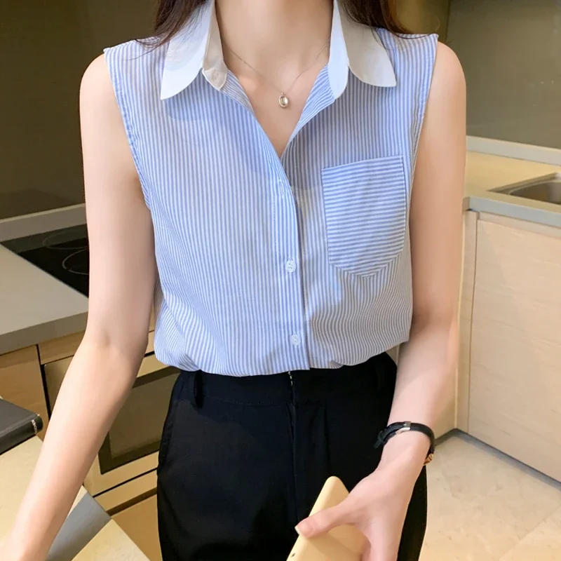 Fashion Summer Women Shirt Stripe Vest Blouse Sleeveless Shirts and Blouses Elegant Cheap Women\'s Clothing OL Chiffon Women Tops