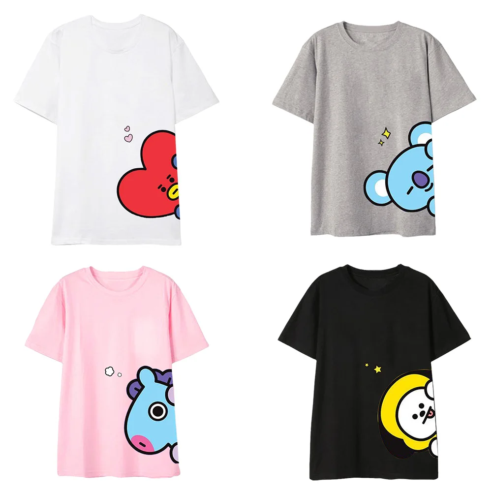 Summer Bt21 Anime Kawaii Cotton T -Shirt Cute Cartoon Round Neck Printing Flower Couple Short-Sleeved Girl Gift