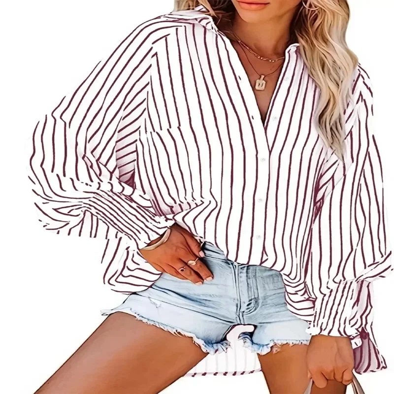 Plus Size 1XL-5XL Casual Blouse Women\'s Striped Print Lantern Sleeve Button Up Lapel Collar Slight Stretch Shirt