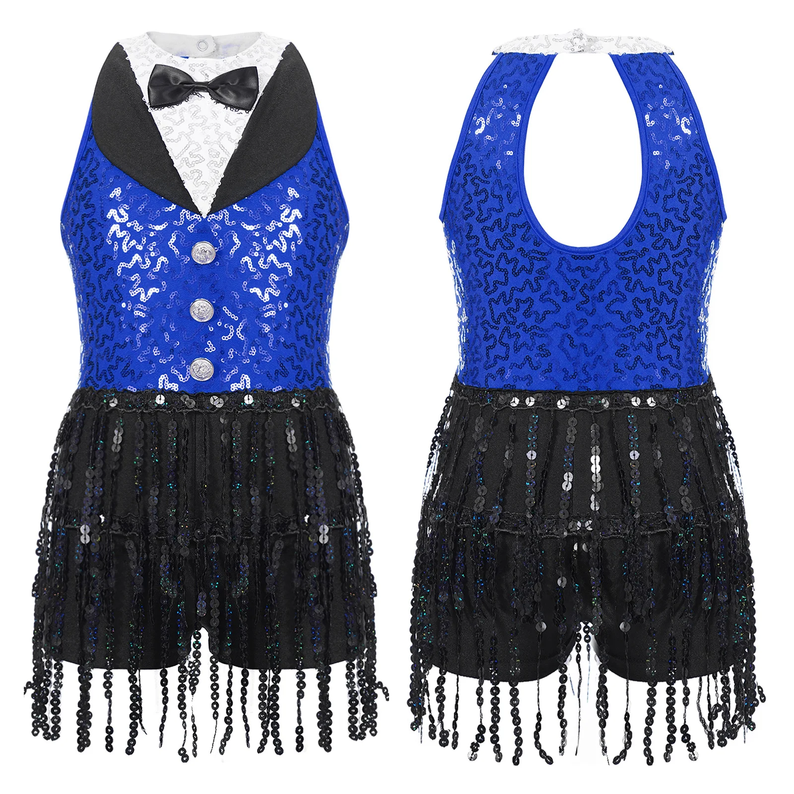 

Kids Girls Latin Jazz Salsa Tango Dance Dress Halter Sleeveless Leotards Tassel Sequin Skirted Dance Dress Performance Costume