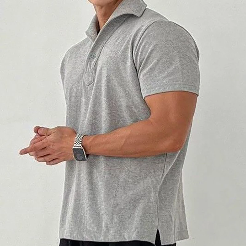 

Summer Short Sleeve Men Polo Sweatshirts Hem Side Slit Solid Simple Casual Oversized T Shirts Muscular Fitness Train Sports Tops